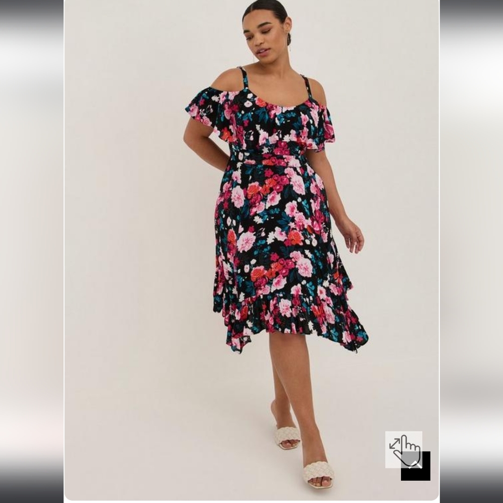 NWOT Hanky Hem Ruffle Skater Midi Dress Gauze Floral Black 0X